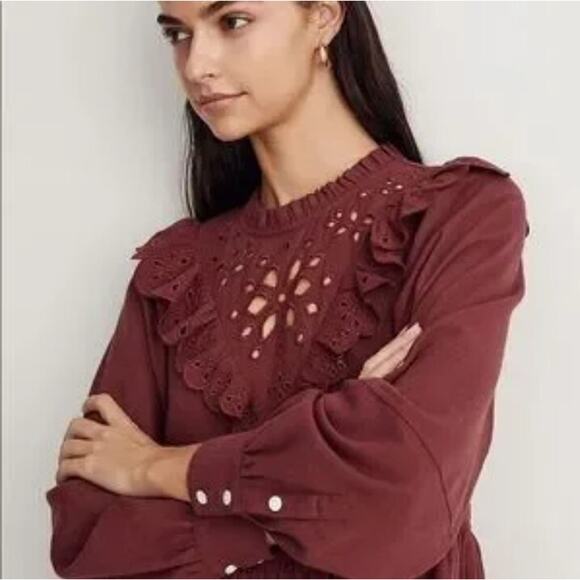 NWT Madewell Boho Festival Dress Large Western Eyelet Ruffle Embroidery Burgundy - Picture 16 of 16